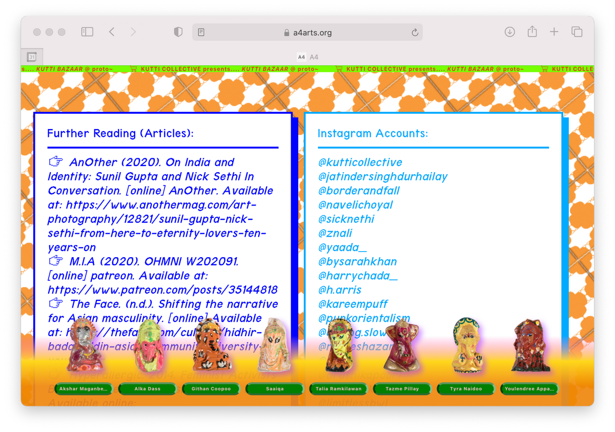 Website still from ‘The Kutti Bazaar,’ the Kutti Collective’s online pop-up in collaboration A4’s Proto~ museum shop, featuring a reading list and social media handles.
