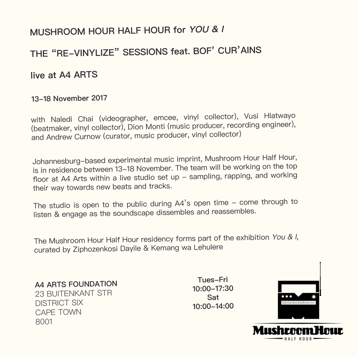 An invitation to the Mushroom Hour Half Hour "Re-vinylize" sessions at A4 Arts Foundation.
