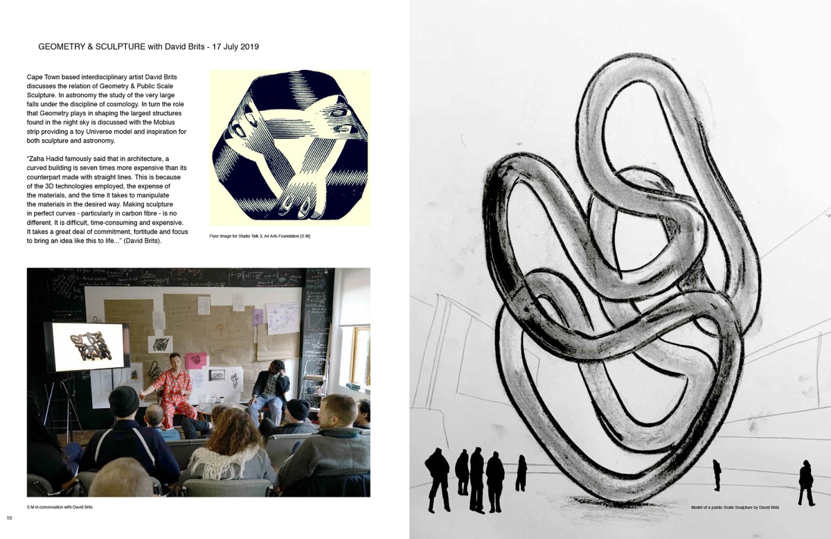 Digital image of ‘Urban Astronomy in Four Parts,’ a zine by Sukuma Mkhize from his residency at A4. On the left, notes from a conversation about geometry and sculpture with David Brits. On the right, a drawing for a public sculpture by David Brits.
