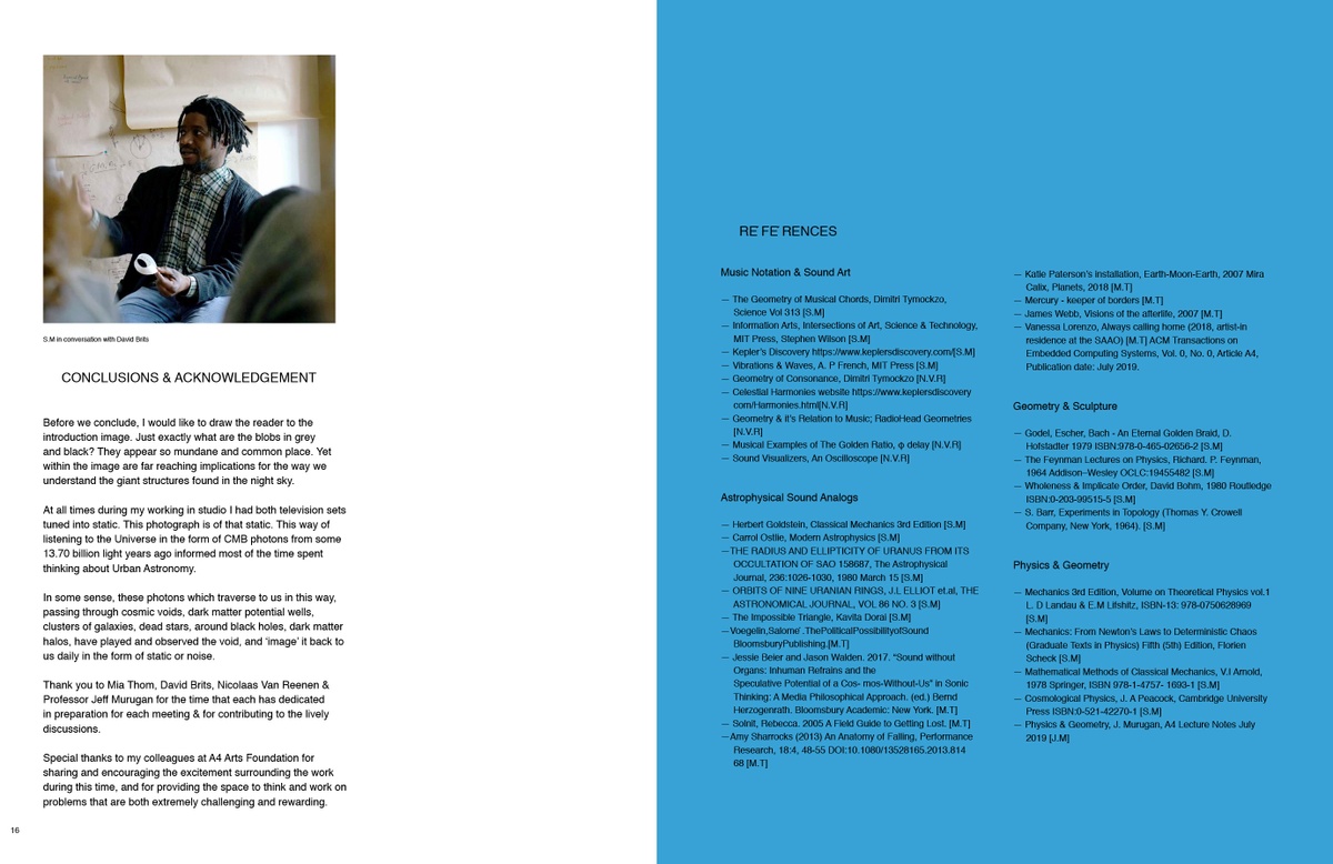 Digital image of ‘Urban Astronomy in Four Parts,’ a zine by Sukuma Mkhize from his residency at A4. On the left, the conclusion and acknowledgements. On the right, a list of references.
