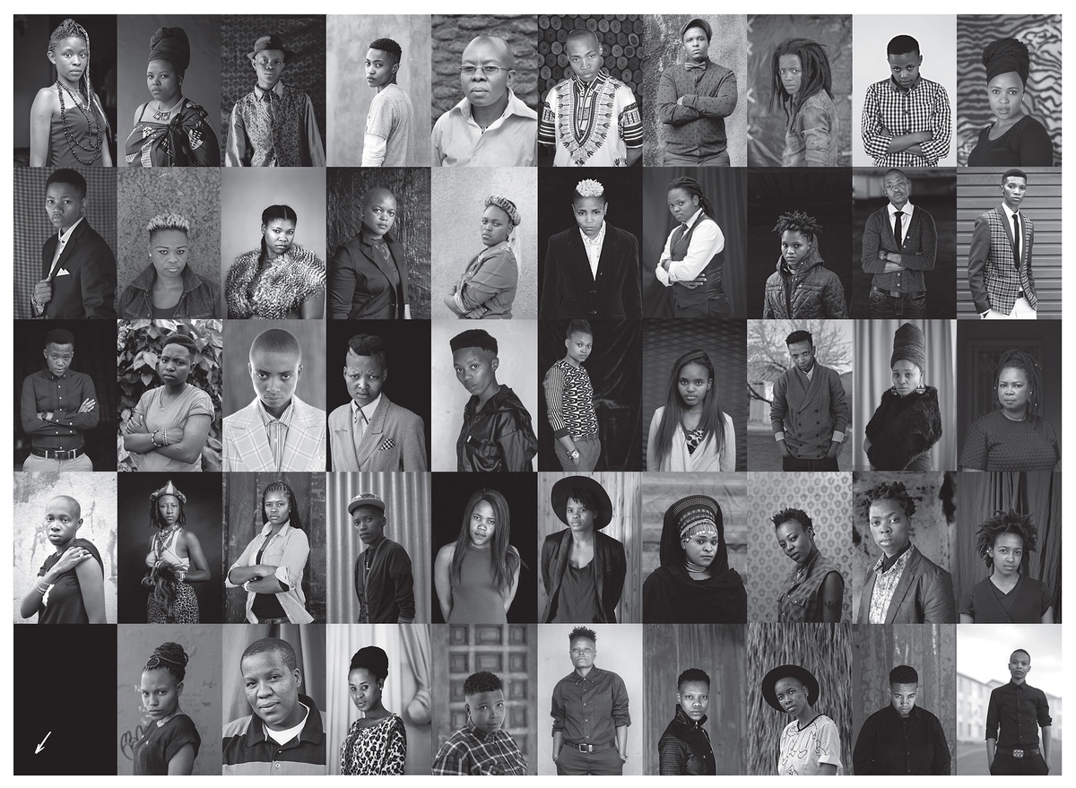 A litho poster with a grid of photographic portraits from Zanele Muholi's 'Faces & phases' project.
