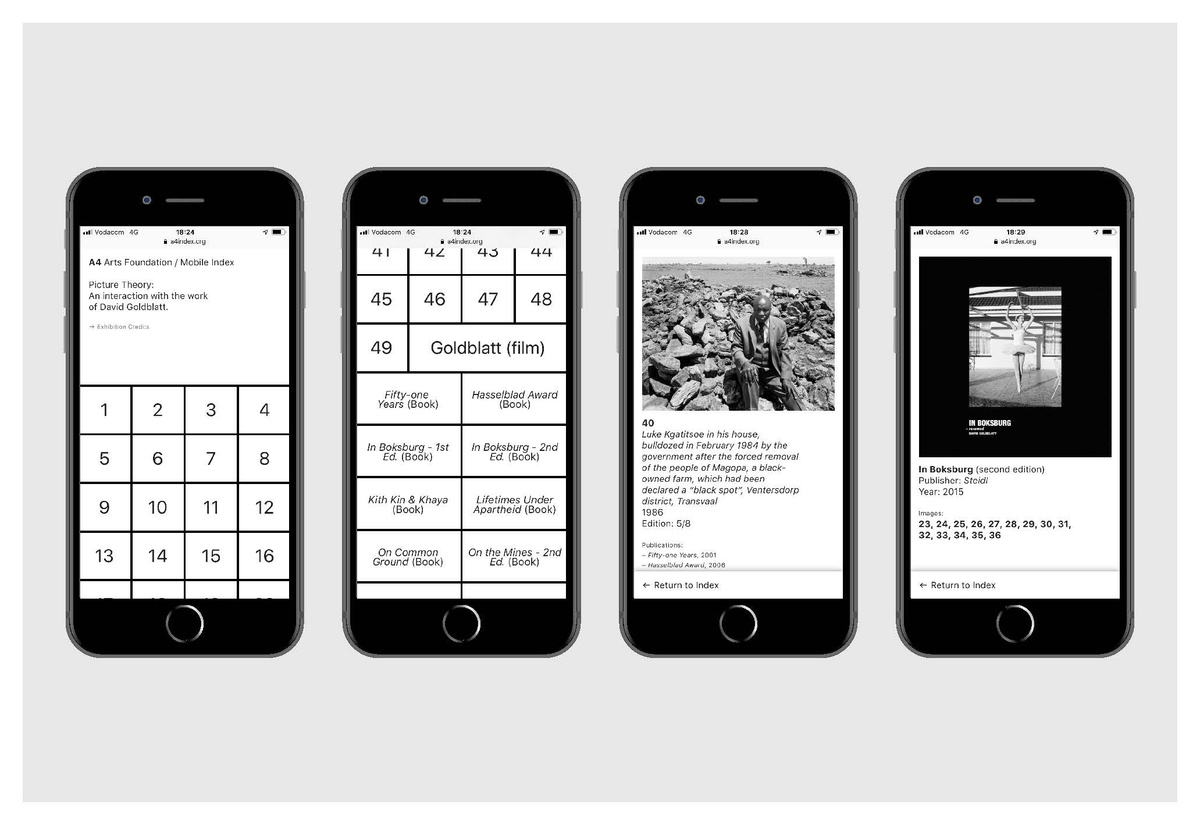 Image that shows four different views of the mobile web index for the ‘Picture Theory: An interaction with the work of David Goldblatt’ exhibition in A4’s Gallery.

