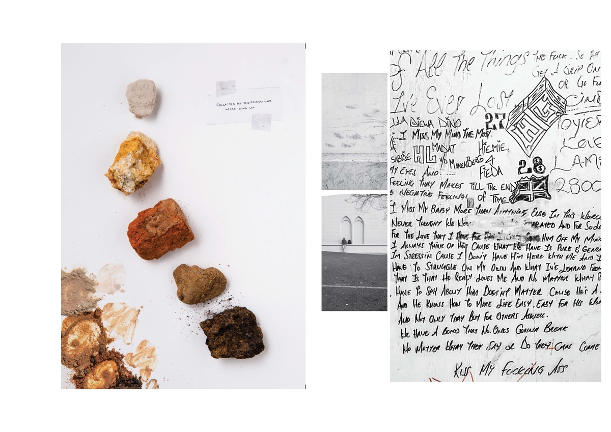 Detail from the ‘Have a Nice Day’ publication by Andrew Juries and Lauren Theunissen. The page features a collage of drawing fragments, as well as archival and everyday material from the District Six area in Cape Town.
