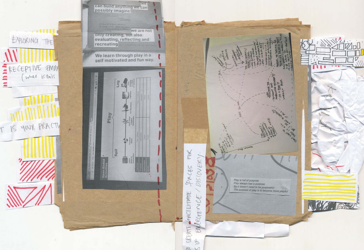 Process image from Anthea Moys’ residency on A4’s top floor. A scanned view of a 2 page spread from Moys’ notebook ‘FourdayswithA4’ shows a collage of texts, photographs and drawings.
