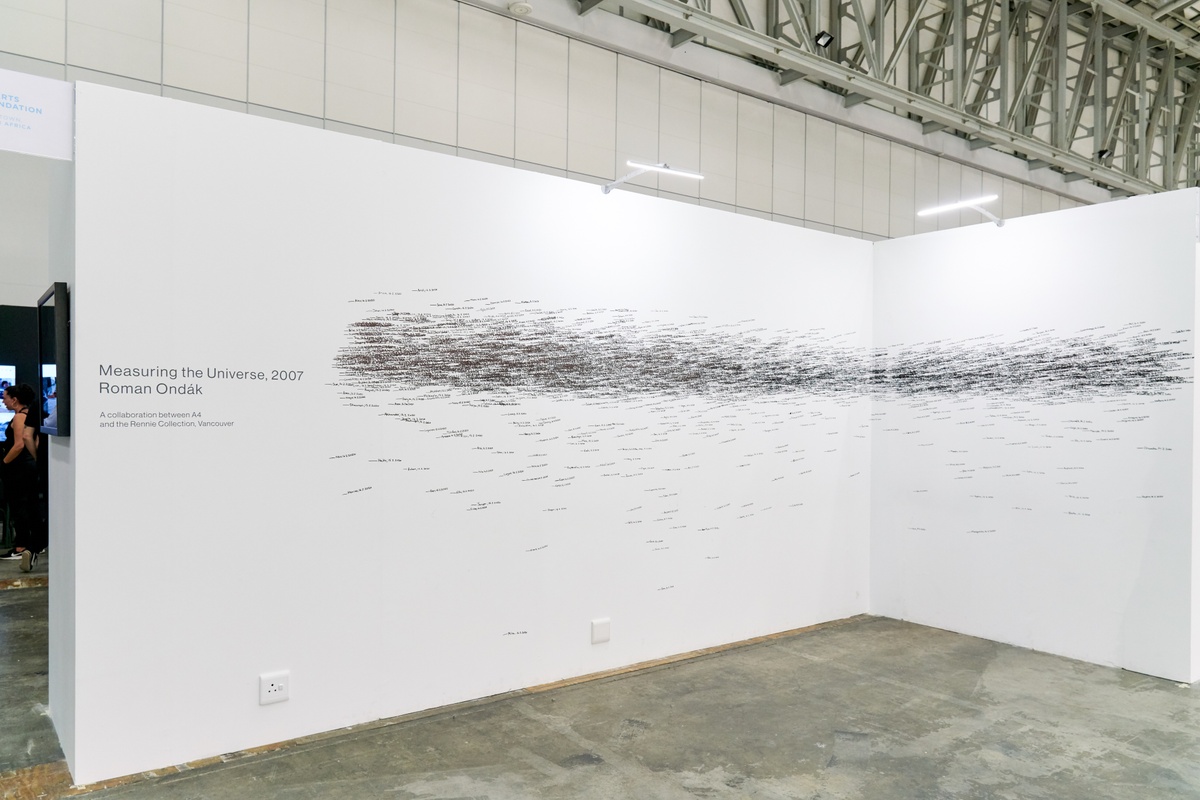 Event photograph of Roman Ondák’s performance piece ‘Measuring the Universe’ at A4’s booth at the 2020 Cape Town Art Fair. A white wall is covered with overlapping marks that indicate participant’s height, names and the date of their participation in black felt pen.
