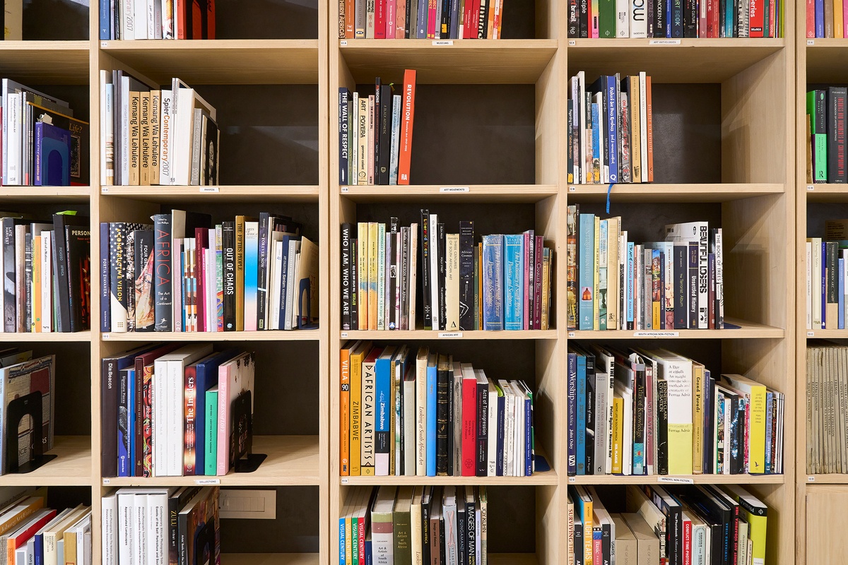 A photograph of a section of the bookshelves in the A4 Library.
