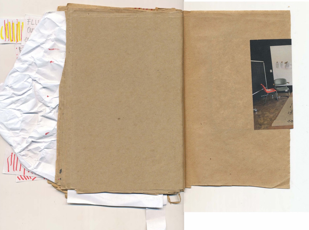 Process image from Anthea Moys’ residency on A4’s top floor. A scanned view of a 2 page spread from Moys’ notebook ‘FourdayswithA4’ shows a collage of texts, photographs and drawings.
