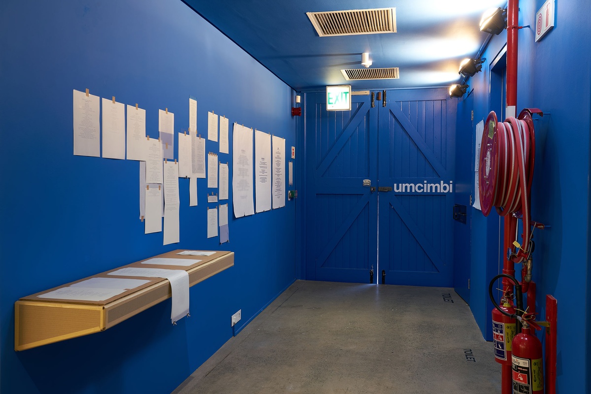 Installation photograph from the ‘Umcimbi’ exchange in A4’s Goods project space. On the left, printed poems line the wall and a wall-mounted cardboard shelf.
