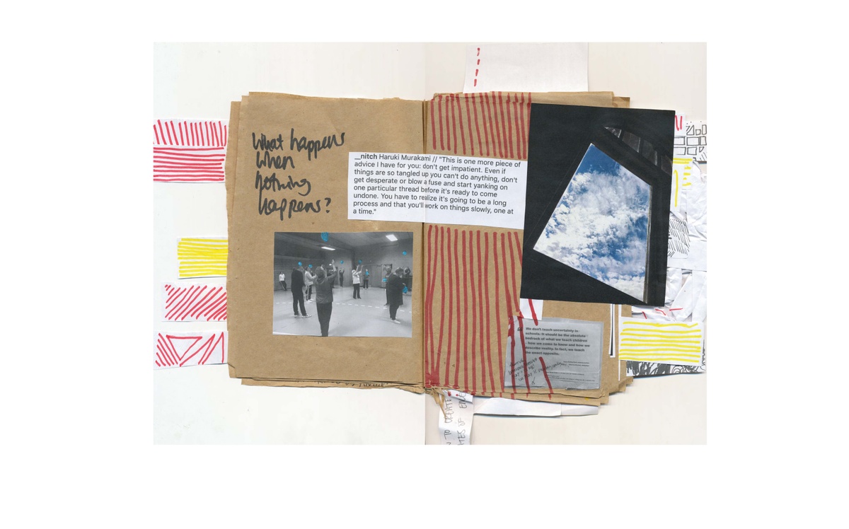 Process image from Anthea Moys’ residency on A4’s top floor. A scanned view of a 2 page spread from Moys’ notebook ‘FourdayswithA4’ shows a collage of texts, photographs and drawings.
