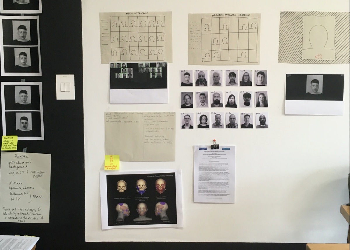 Process photograph from Kathryn Smith’s 2019 residency on A4’s top floor. Diagrams, notes and images from the design process of the online iteration of Smith’s ‘Speaking Likeness’ project line the studio wall.
