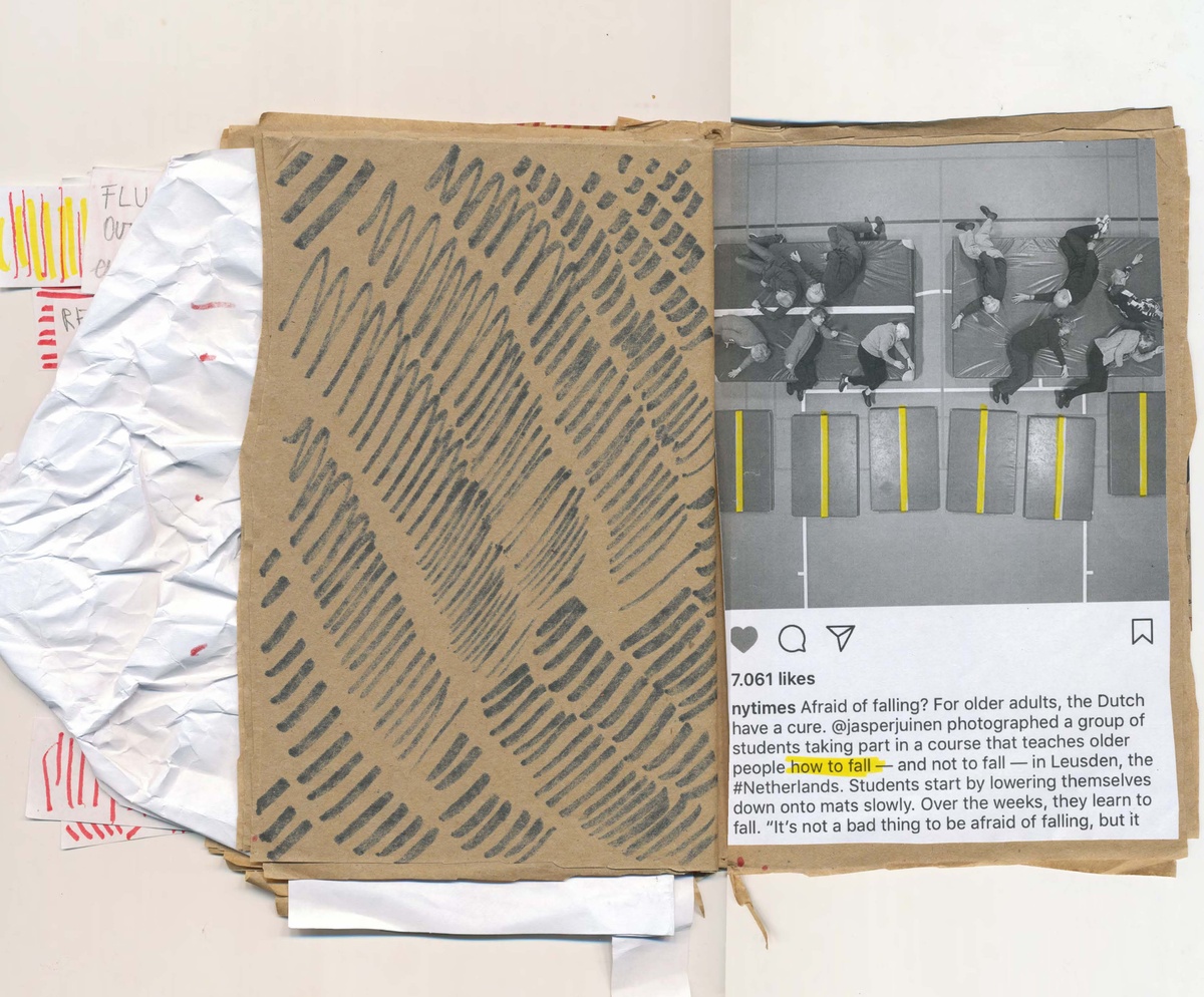 Process image from Anthea Moys’ residency on A4’s top floor. A scanned view of a 2 page spread from Moys’ notebook ‘FourdayswithA4’ shows a collage of texts and screenshots.
