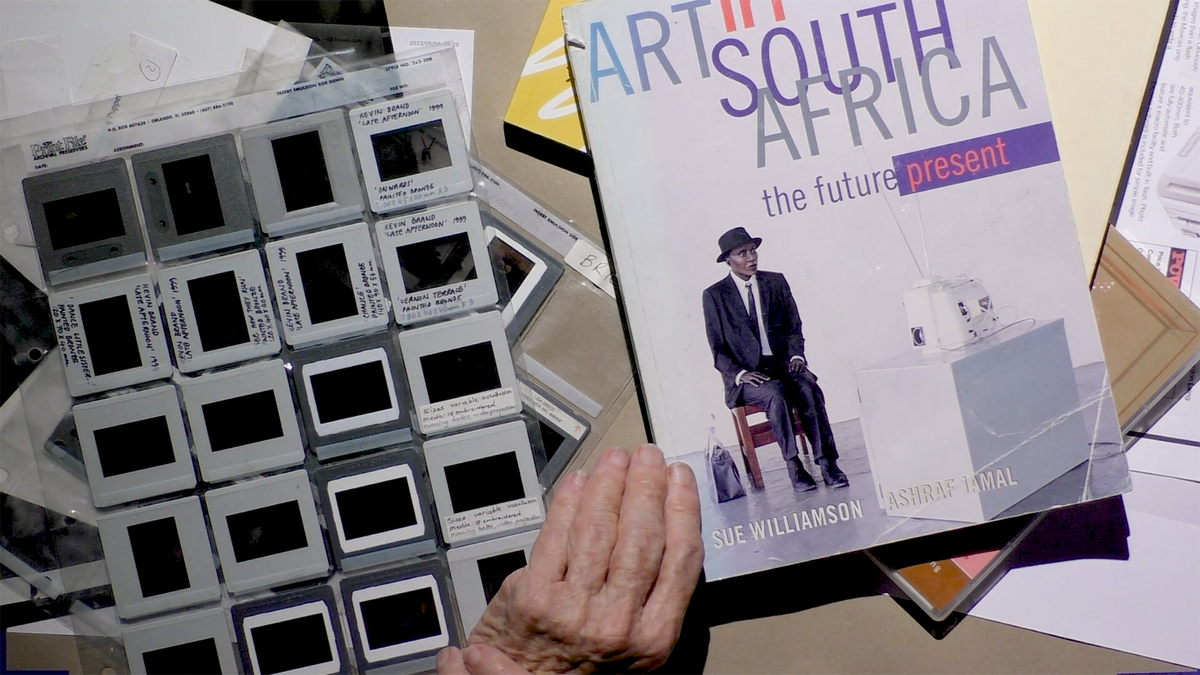 A still from the live video feed that ran during the book launch of 'ArtThrob: 25 Years of Art Writing in South Africa' at A4 Arts Foundation shows a fragment of Sue Williamson's presentation.
