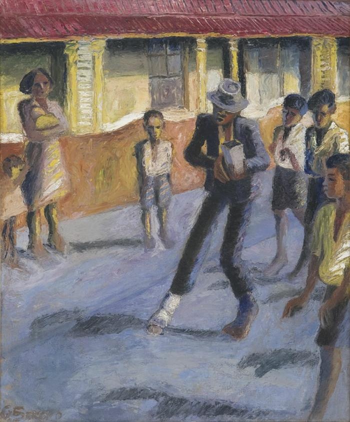 Gerard Sekoto’s oil painting ‘Street Musician in District Six’ depicts an individual playing an instrument among onlookers.
