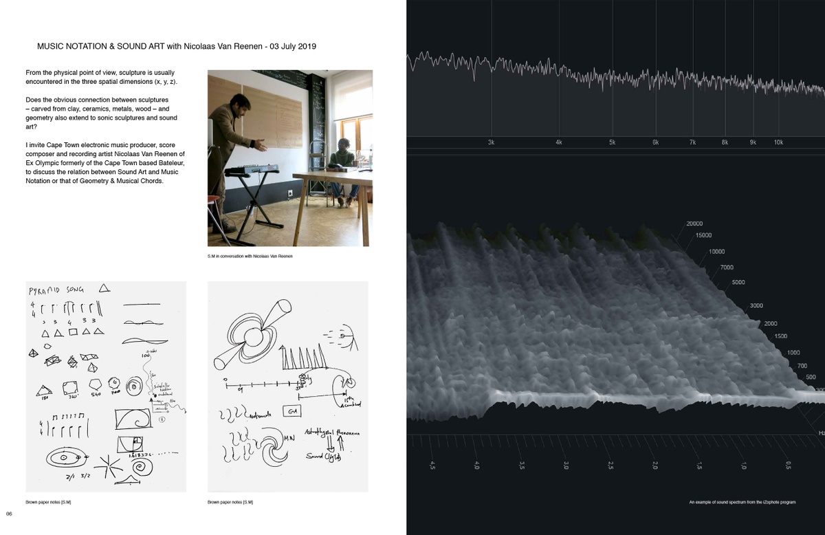 Digital image of ‘Urban Astronomy in Four Parts,’ a zine by Sukuma Mkhize from his residency at A4. On the left, notes from a conversation about music notation and sound art with Nicolaas Van Reenen. On the right, a visualisation of an example of sound spectrum.
