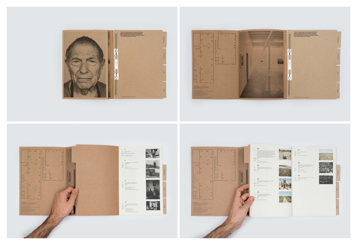 A grid of four photographs of the printed index for the Picture Theory: An interaction with the work of David Goldblatt exhibition in A4’s Gallery that shows someone paging through the index.
