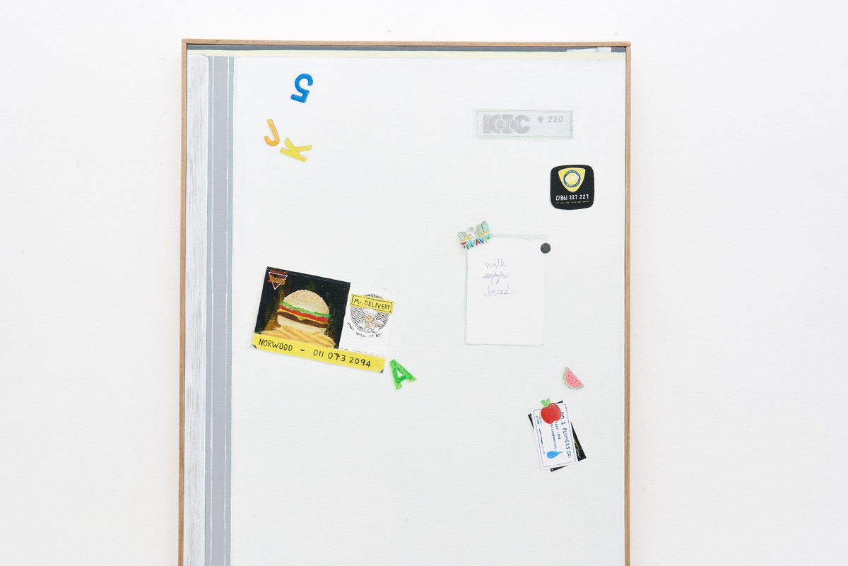 Installation photograph of Common exhibition. Guy Simpson’s untitled life-size acrylic painting of a refrigerator, hung on a white wall
