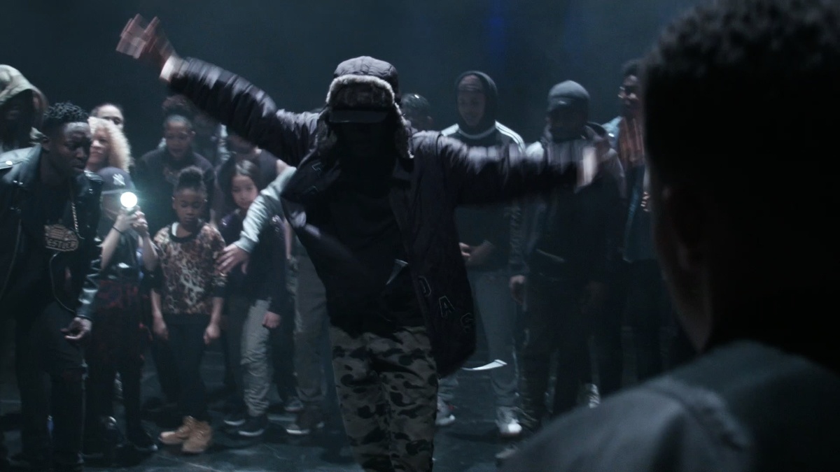 A still frame from Clement Cogitore’s video work ‘Les Andes Galantes’ depicts Krump dancers moving to music from Jean Phillips Rameau’s titular opéra-ballet.
