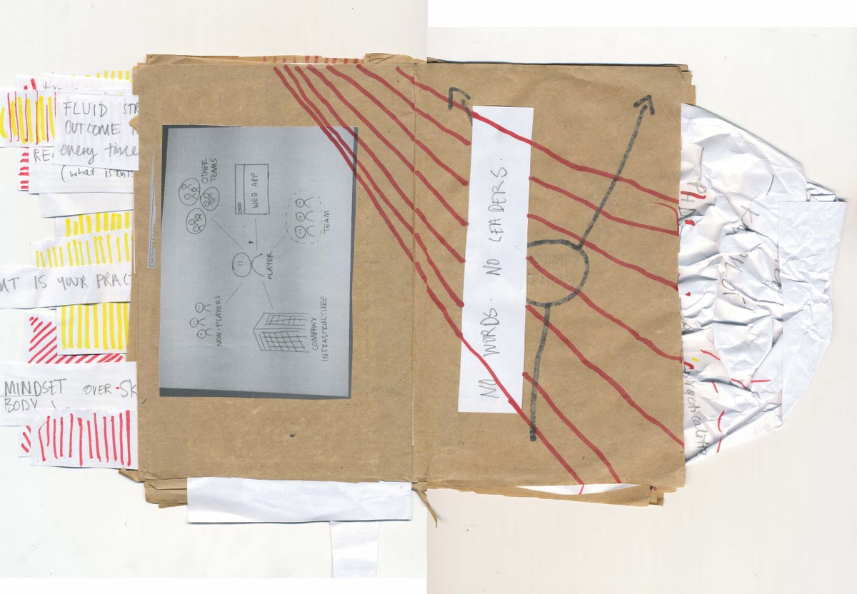 Process image from Anthea Moys’ residency on A4’s top floor. A scanned view of a 2 page spread from Moys’ notebook ‘FourdayswithA4’ shows a collage of texts and photocopies.
