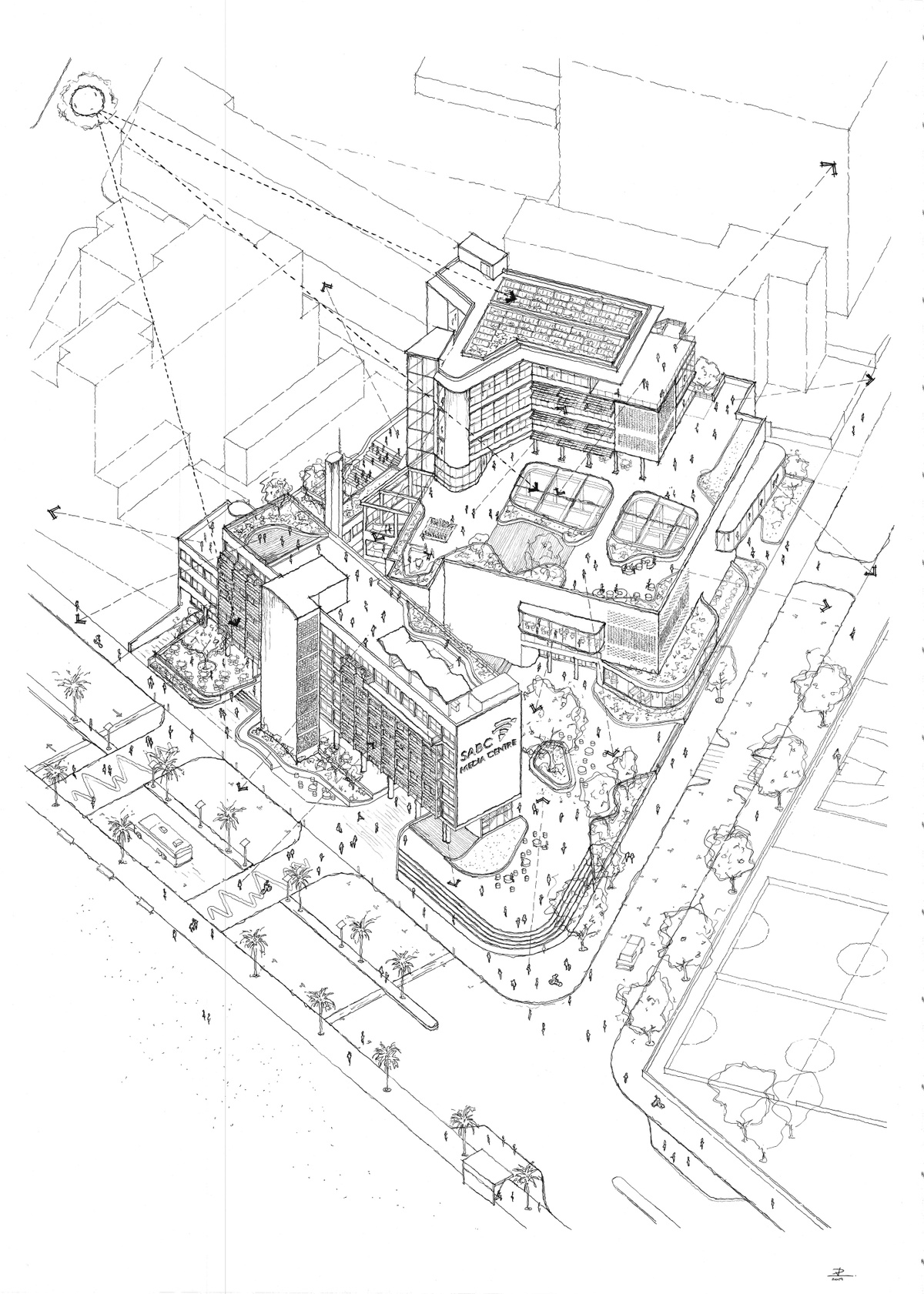 Digital artwork image from the Masters of Architecture Graduate Exhibition on A4’s top floor. An envisioned sketch view of the future SABC media centre from Vikash Parbhoo’s ‘Breaking Boundaries: Towards the democratization of broadcasting’ project that proposes adaptive-reuse as a means of democratisation.
