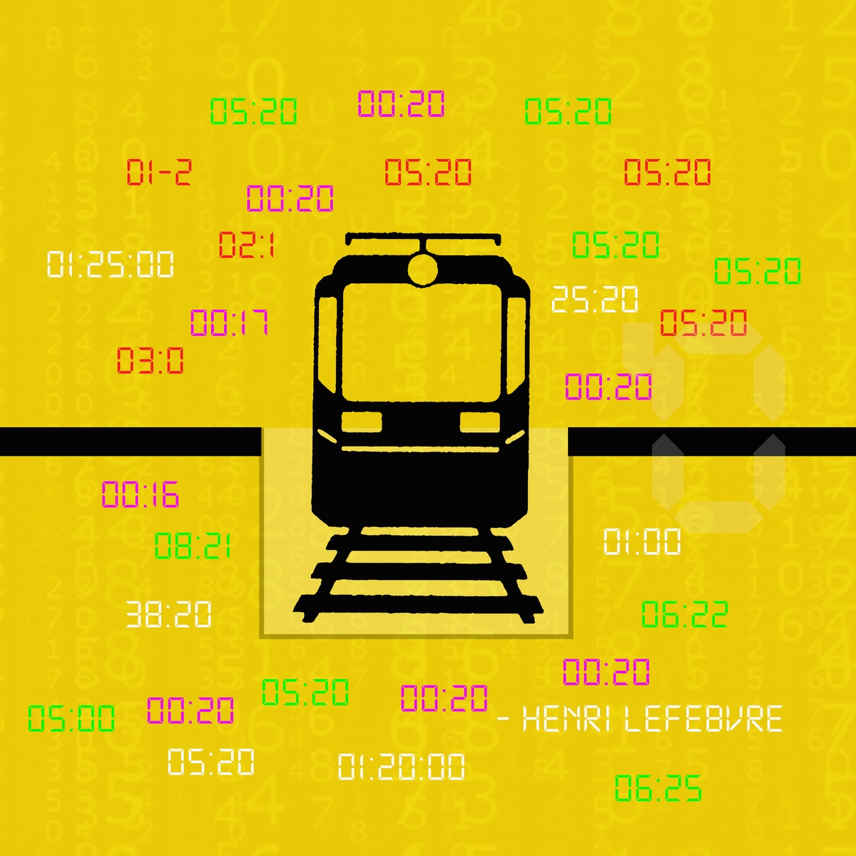 Process photograph from the 2018 rendition of the City Research Studio exchange with the African Centre for Cities. A graphical representation of a train on tracks surrounded by digital time signatures.
