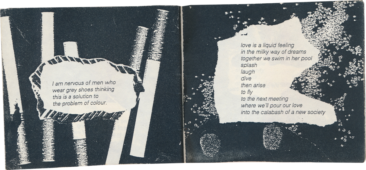 Artwork image from Andrew Putter’s book ‘Moon Sun’ that depicts a two-page spread. On the left, an image of cigarettes with a fragment of poetic text. On the right, textures with poetic text.
