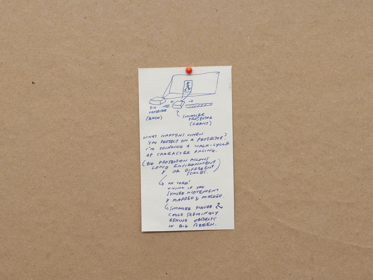 Installation photograph from Mitchell Gilbert Messina's residency in A4 Art Foundation shows a wall-mounted strip of cardboard hosting pinned research notes. A note to test what happens when one projector projects its image onto another’s - with the hope of moving both projectors (ideally via a motion controlled rig, allowing for timed movements).

