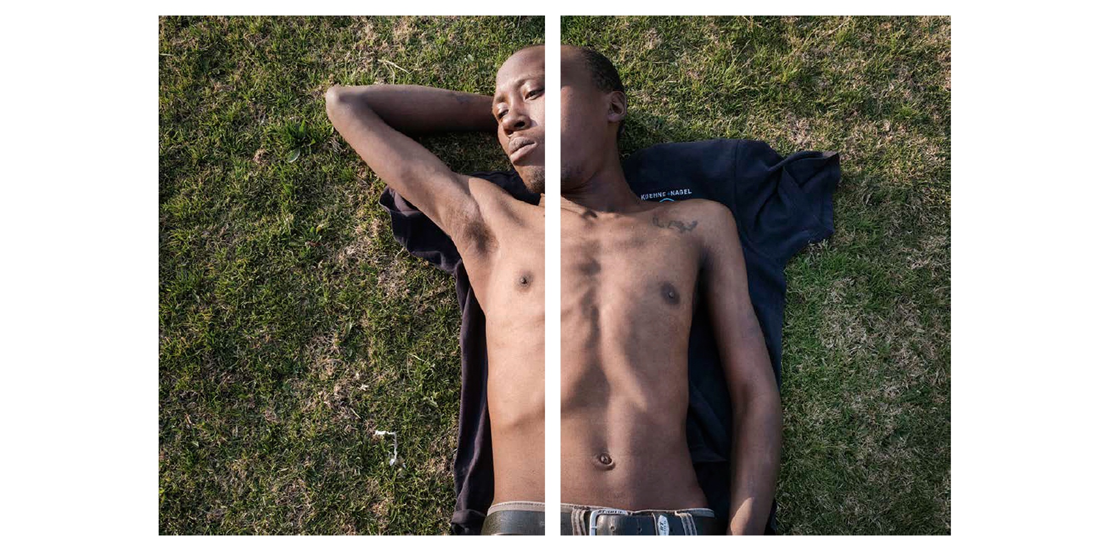 Lindokuhle Sobekwa's photograph 'Mandla' shows a shirtless individual lying face-up on a stretch of grass.
