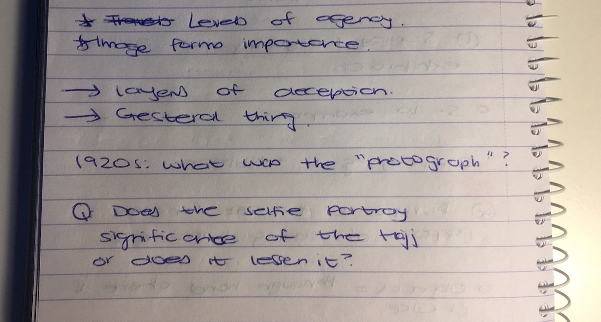 Process photograph from the 2019 rendition of the CCA Internship Programme on A4’s top floor. A lined page with pen writing records reflections on agency and images with phrases like “1920s: what was the ‘photograph’?”
