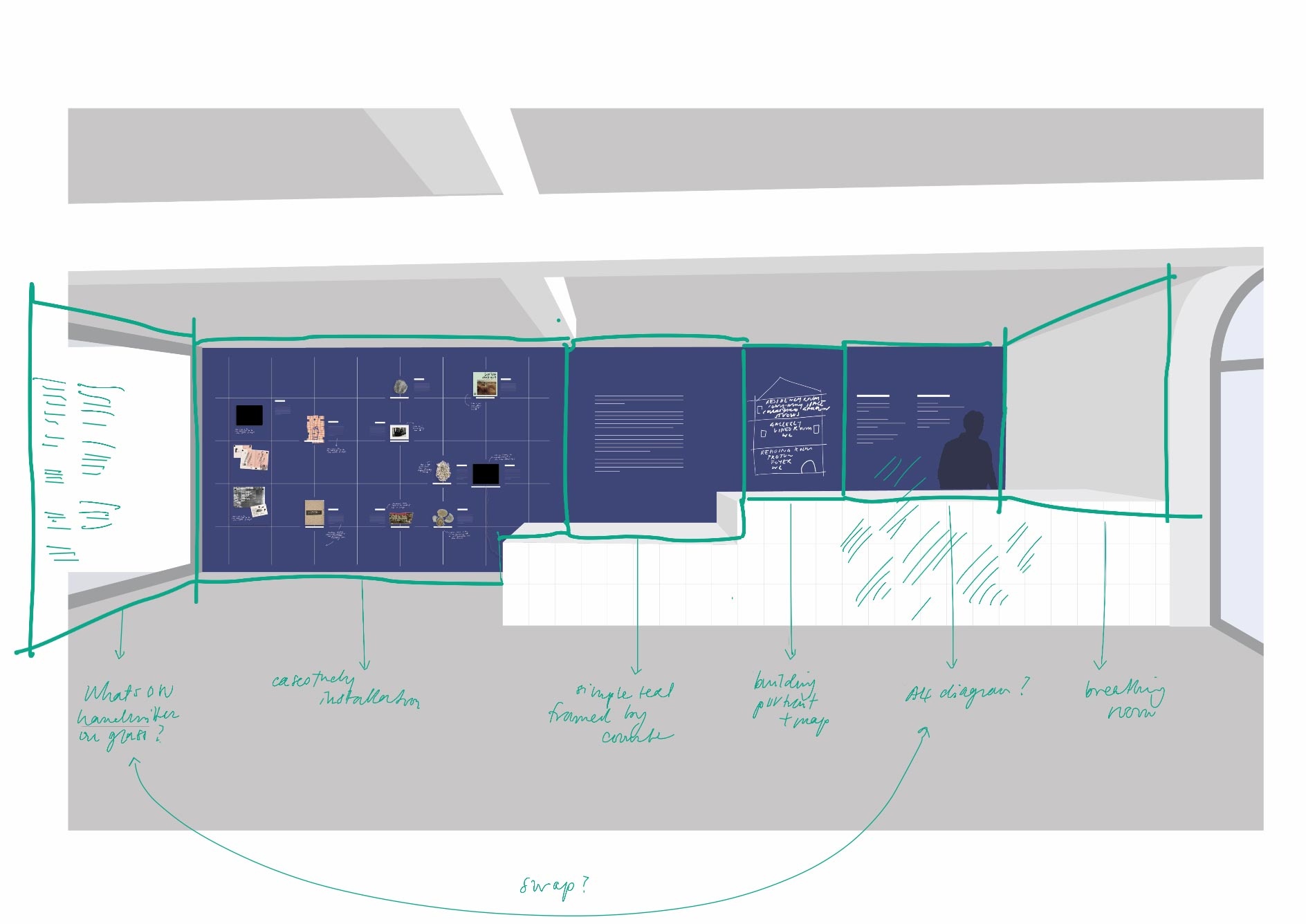 A digital mockup from ‘Staging an Institution,’ Bella Knemeyer’s design intervention in A4’s foyer. The foyer wall behind A4’s reception is coloured solid blue. On the left, a grid with objects from past A4 projects. On the right, explainer text and drawings.
