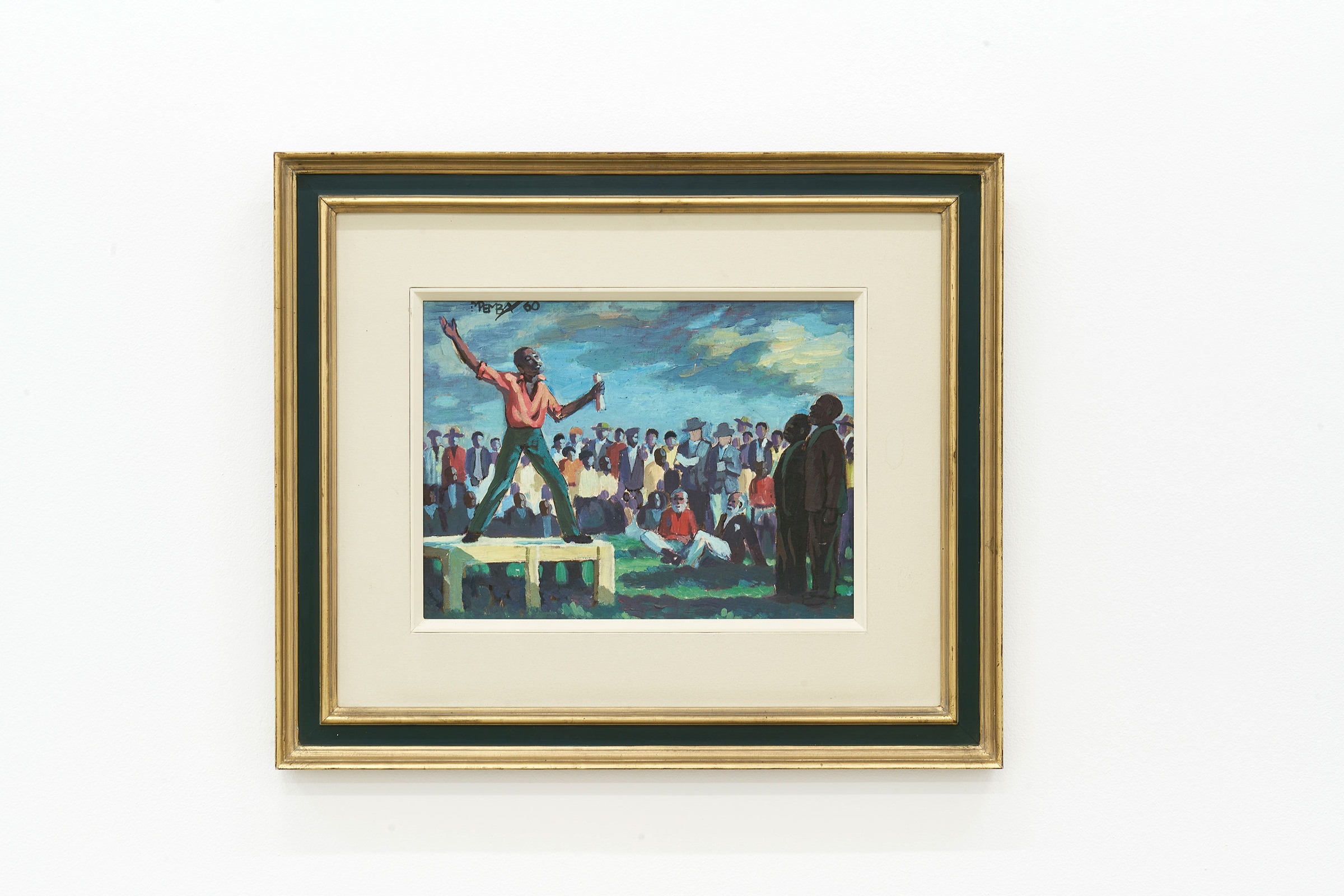 George Pemba’s oil painting, titled ‘The Agitator,’ that depicts a political rally with a man standing on podium speaking to a crowd.
