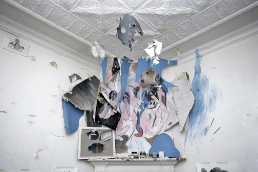 Photograph of Zander Blom’s ink and cotton work ‘Les Demoiselles d'Avignon. Bedroom 1, Corner 3, 7.00 pm., Tuesday, 7 August 2007’ mounted in the corner of a ceiling.
