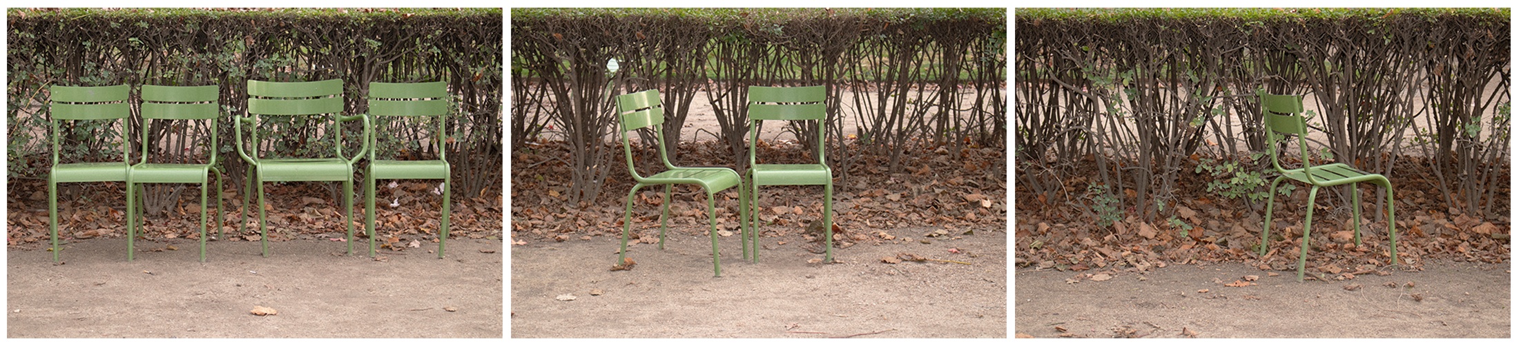 Three photographic prints from Thembinkosi Hlatshwayo’s ‘hearts can’t make it up’ series that depict green chairs in various arrangements.
