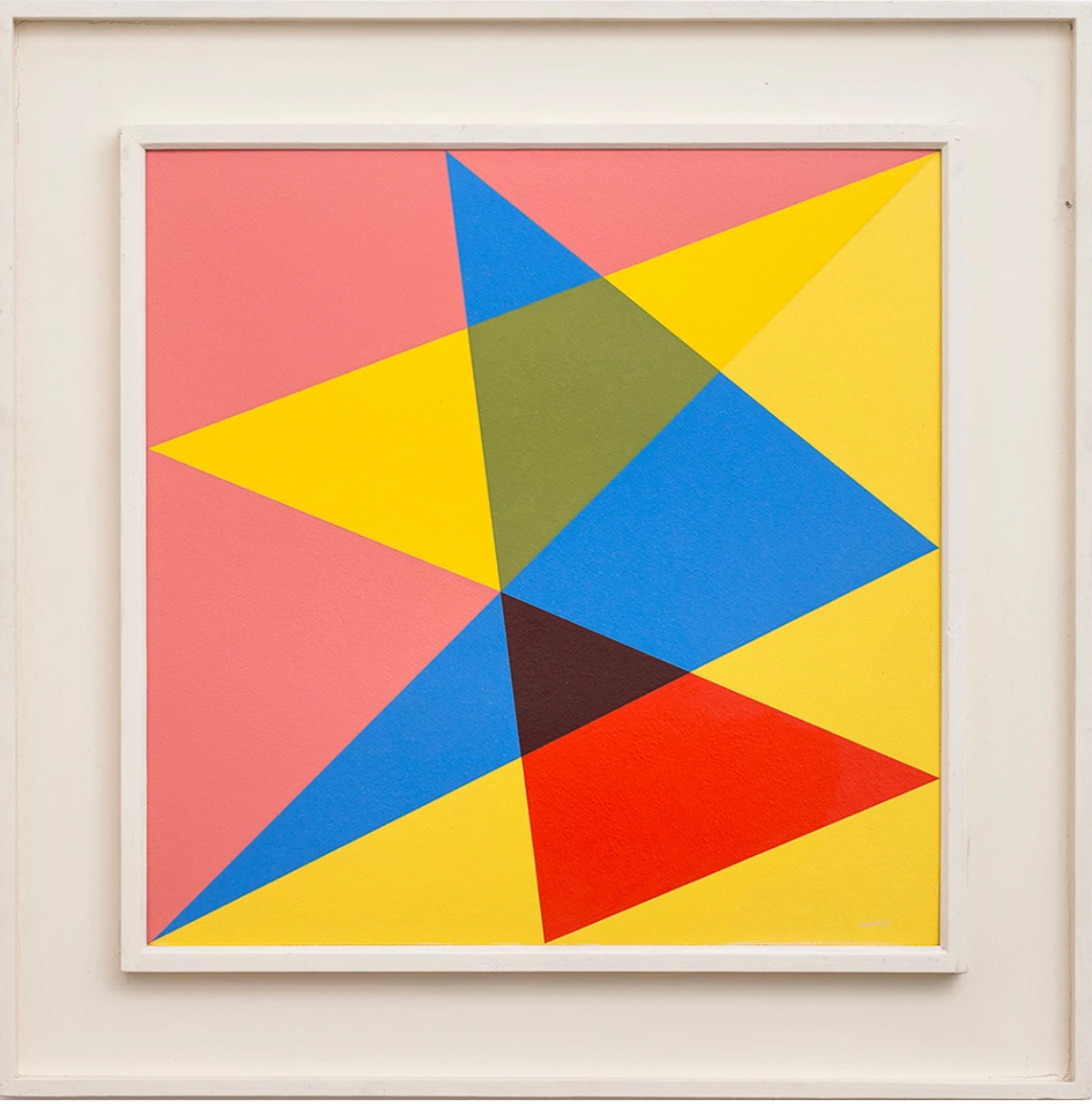 Albert Newall’s oil painting ‘Harmonic Development within a Square’ shows a composition made up of various coloured and overlapping triangular shapes.
