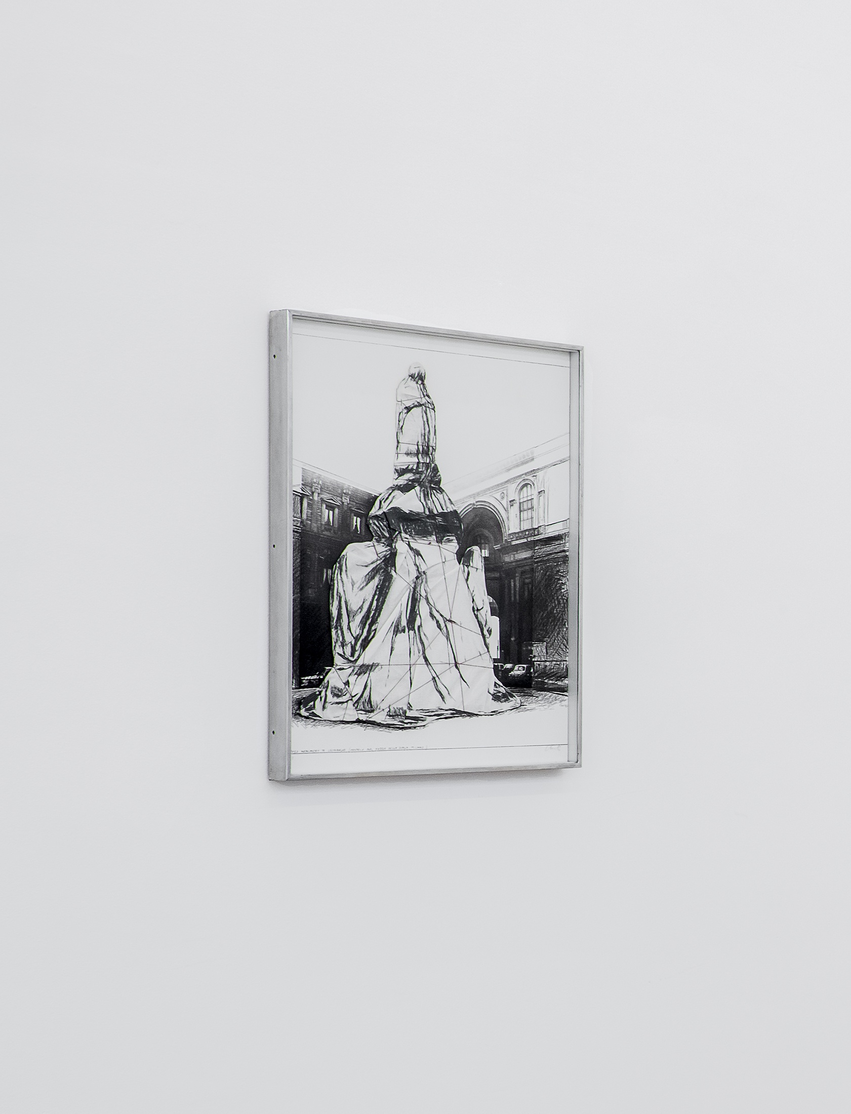 A photograph of Christo's collotype print and collage 'Wrapped monument to Leonardo, Project for the Piazza Della Scala, Milan'.
