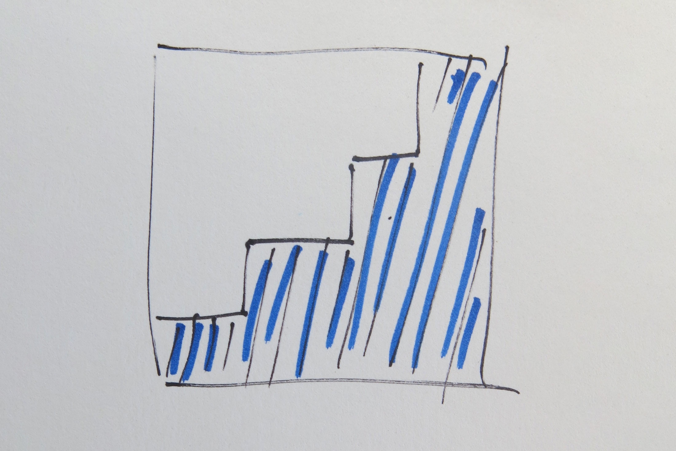 Ephemera from ‘Thoughts on the Stairs’ offsite residency at A4, consisting of a felt pen drawing that depicts a lateral view of A4’s staircase.
