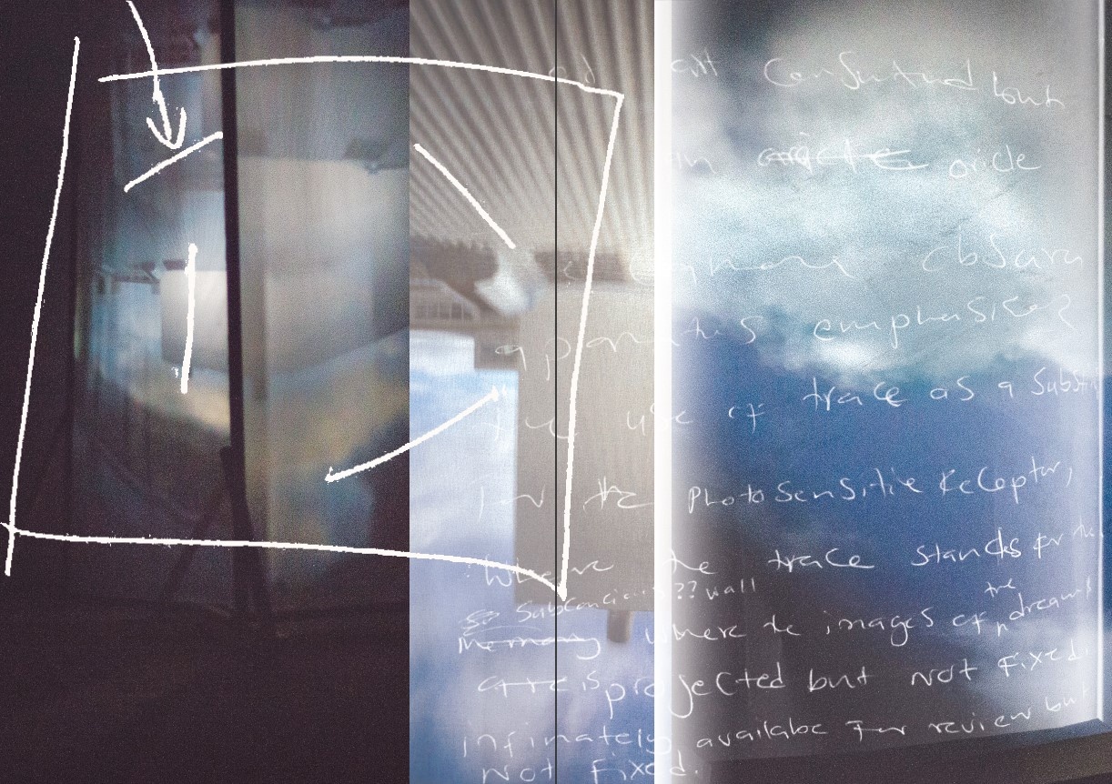 Digital image from francis burger’s publication for Tebogo George Mahashe’s ‘Camera Obscura #3’ exhibition on A4’s top floor that depicts a two page spread. At the back, photographs from the exhibition space show multiple refracted images on blank surfaces in A4’s interior produced by Mahashe’s pinhole cameras. At the front, handwritten text and drawings in white overlay the photographs.
