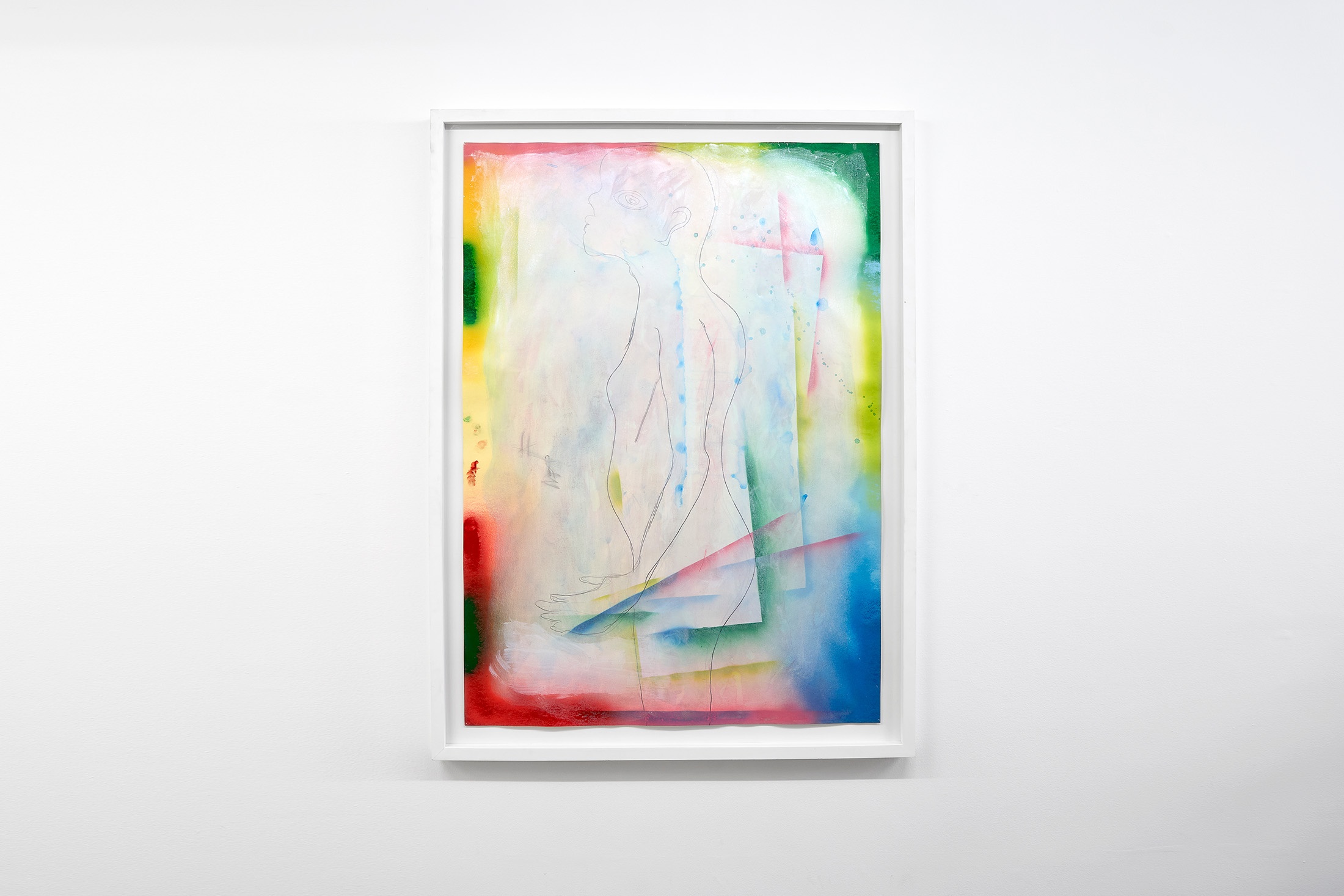 Installation photograph from the 'A Little After This' exhibition in A4 Arts Foundation's gallery that shows Moshekwa Langa's mixed media on paper work 'The Morning After!' mounted on a white gallery wall.
