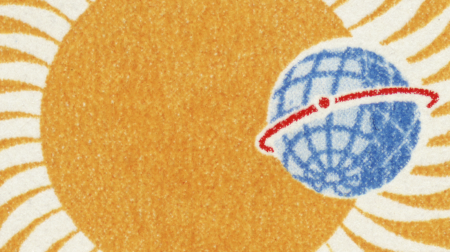 Process image from the offsite ‘Thinking Afrofuturism as a Speculative Heresy’ event at Micheal School of Fine Art. A still frame from ‘In the Year of the Quiet Sun’ (2013), a film by the Otolith group, shows a detail of a postage stamp that features a graphical representation of the sun and the earth.

