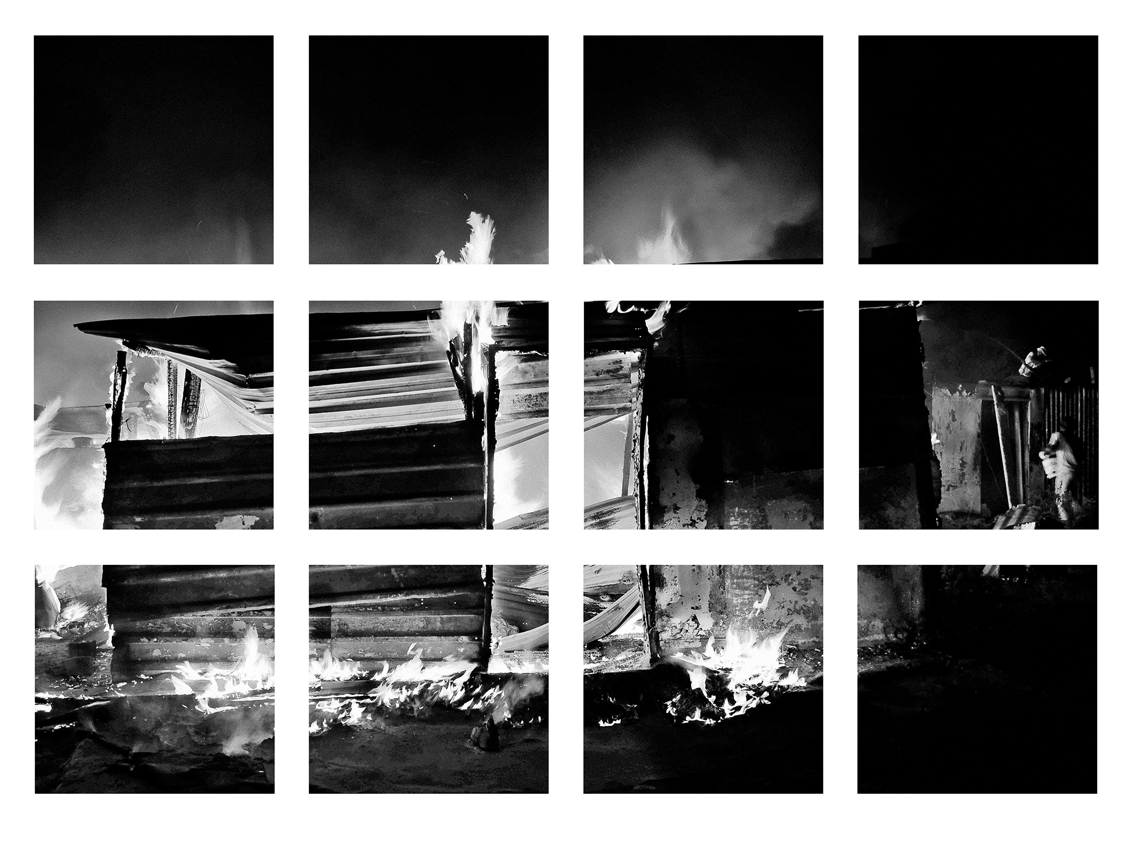 Lindokuhle Sobekwa's monochrome photograph 'Shack of nyaope users is set on fire by an angry group of men that claim they stole their things. Nyaope users are always the first suspects in the communities' that depicts a makeshift house on fire.
