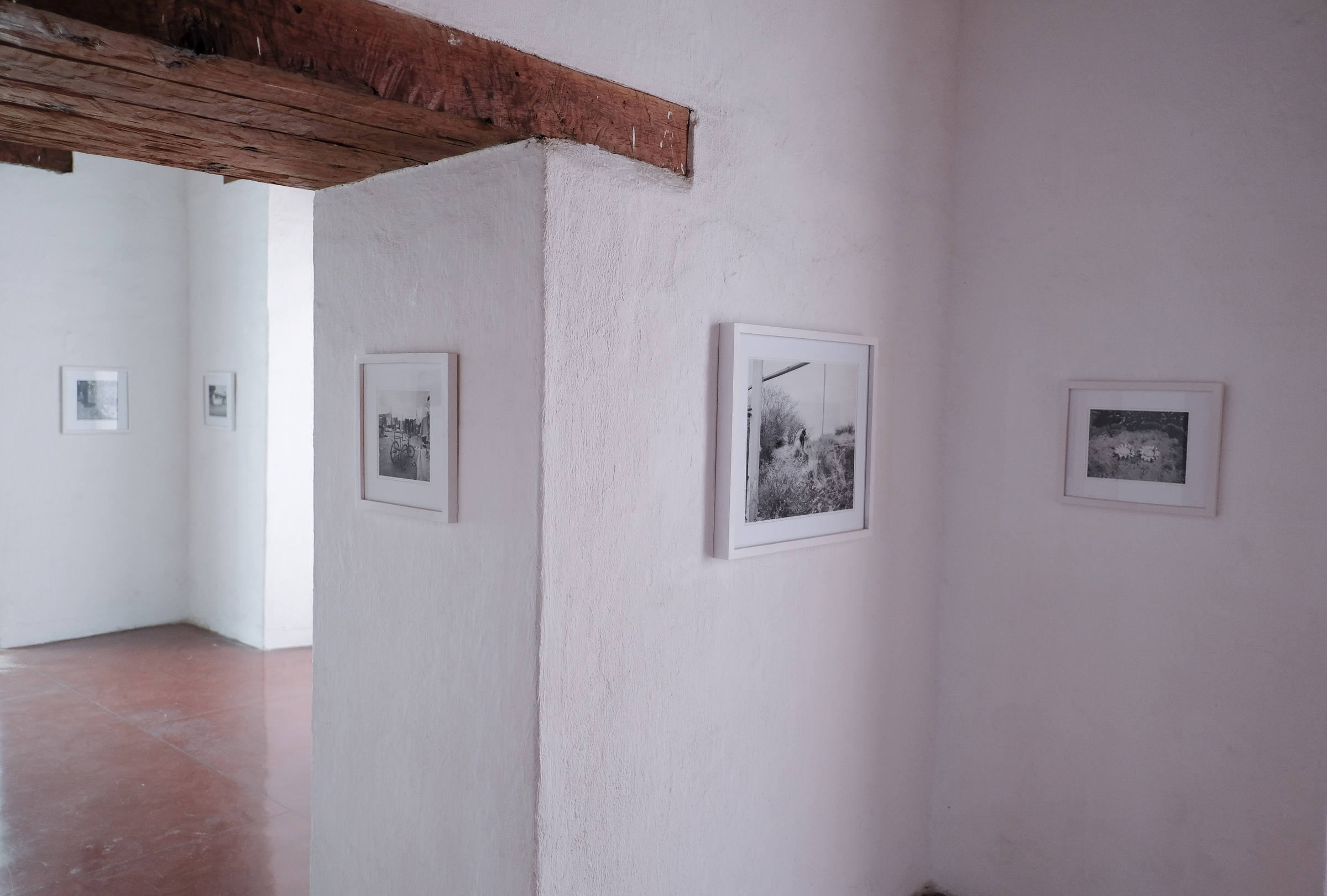 Installation photograph from the offsite exhibition ‘Hay Tiempo, No Hey Tiempo’ at the Centro Fotográfico Álvarez Bravo, Mexico. Jo Ratcliffe’s photographs ‘Wheelchair, Roque Santeiro market, Luanda’, ‘Donkey, Pomfret’ and ‘06: Ceres’ are hung on white washed walls at eye level around the gallery space.
