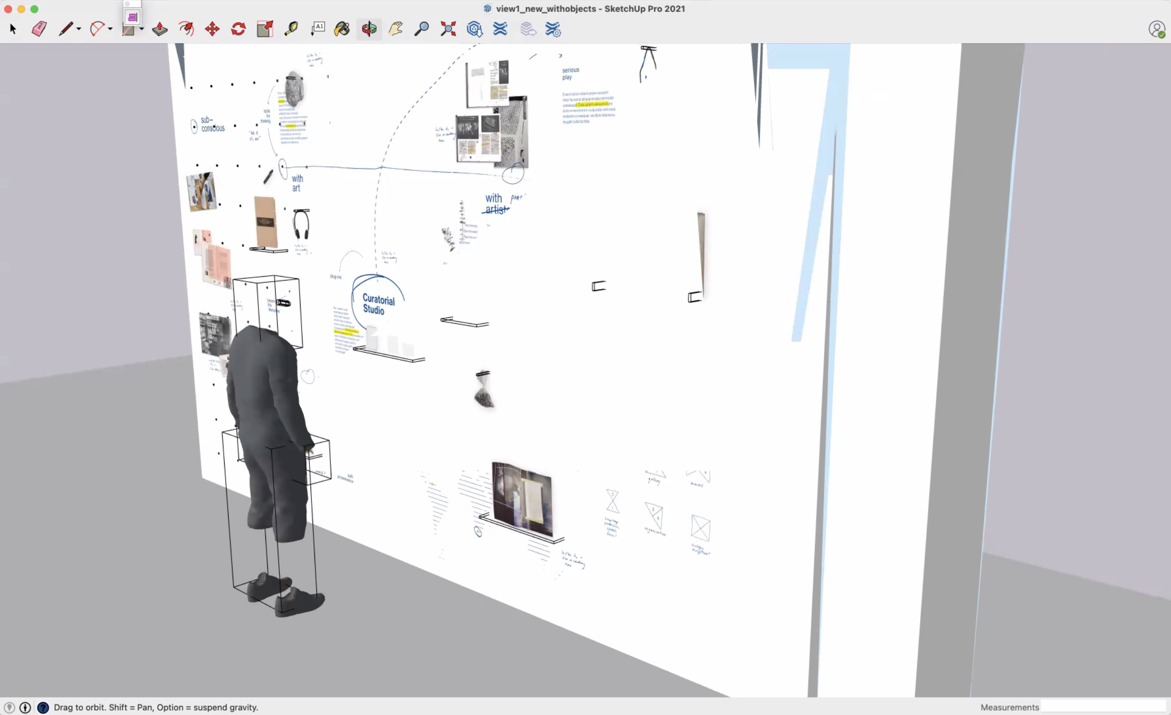 Process image from Bella Knemeyer’s research project ‘Staging an Institution’ on A4’s ground floor. A 3D digital mockup of the 'About wall' with objects from A4's past projects that helped shape the institution's programming. A humanoid figure observes the wall.
