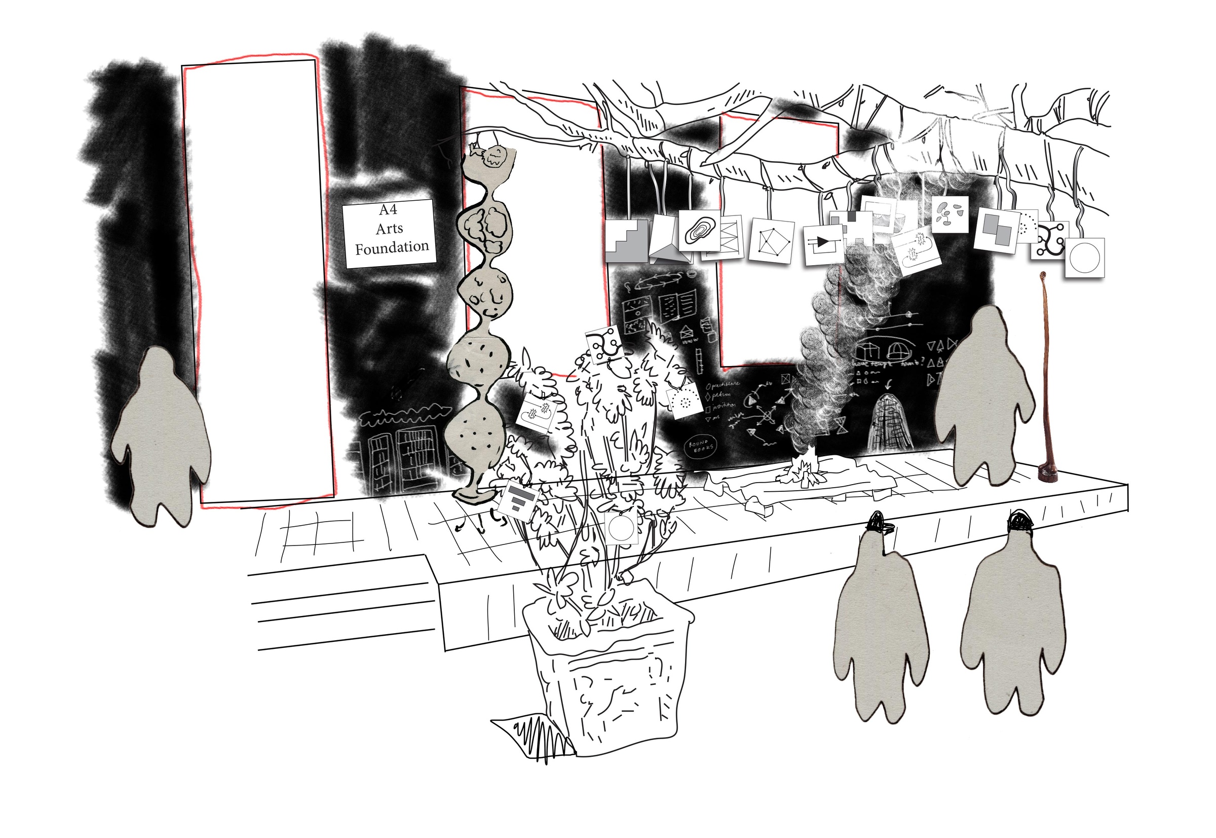 Process image from A4’s ‘Stoep Residency’ at the Association of Visual Arts (AVA) in Cape Town. A digital collage of hand drawn drawings and digital painting shows the AVA patio with a sign that reads ‘A4 Arts Foundation’ next to the AVA’s entrance, with artworks suspended from a tree branch along the length of the patio and a makeshift platform with a wood fire going on top of it.
