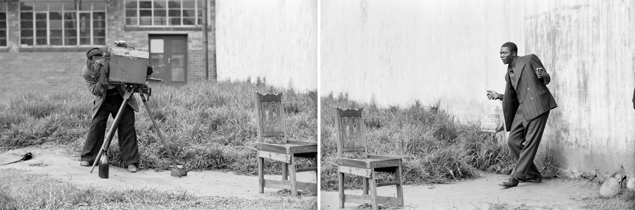 David Goldblatt's black-and-white photograph 'Photographer and client, Braamfontein. Johannesburg' shows two photographs placed next to each other. In the left-hand photograph, a photographer looks into the back of his large-frame camera. In the right-hand photograph, the subject poses for the camera. Both photographs show the same chair in between the two men. 
