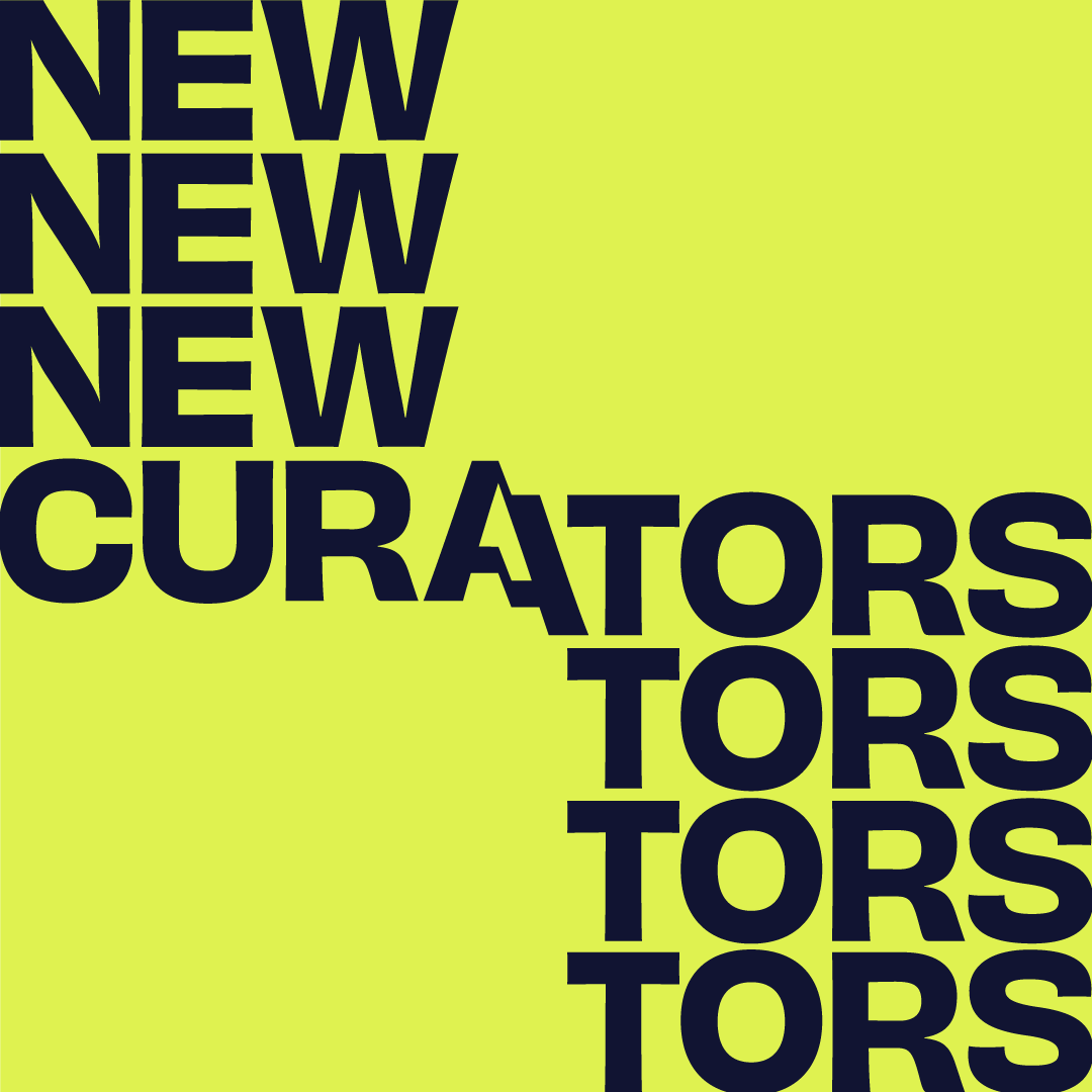 A logo for the New Curators fellowship consists of the program name in all caps arranged on a green-yellow background.
