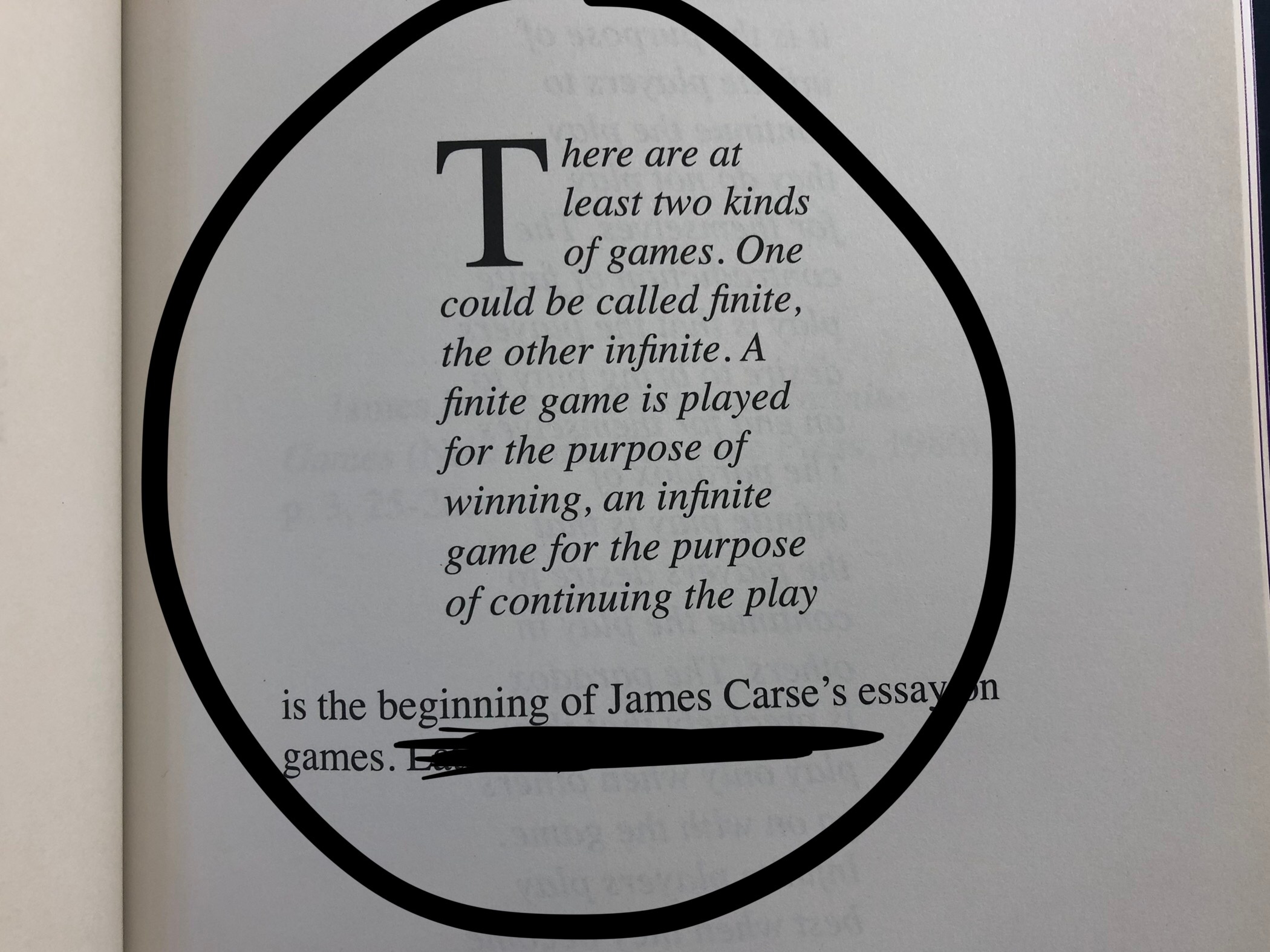 Process photograph from the More For Less exhibition in A4’s Gallery that shows a printed excerpt from James Carse’s essay on games, encircled for emphasis.
