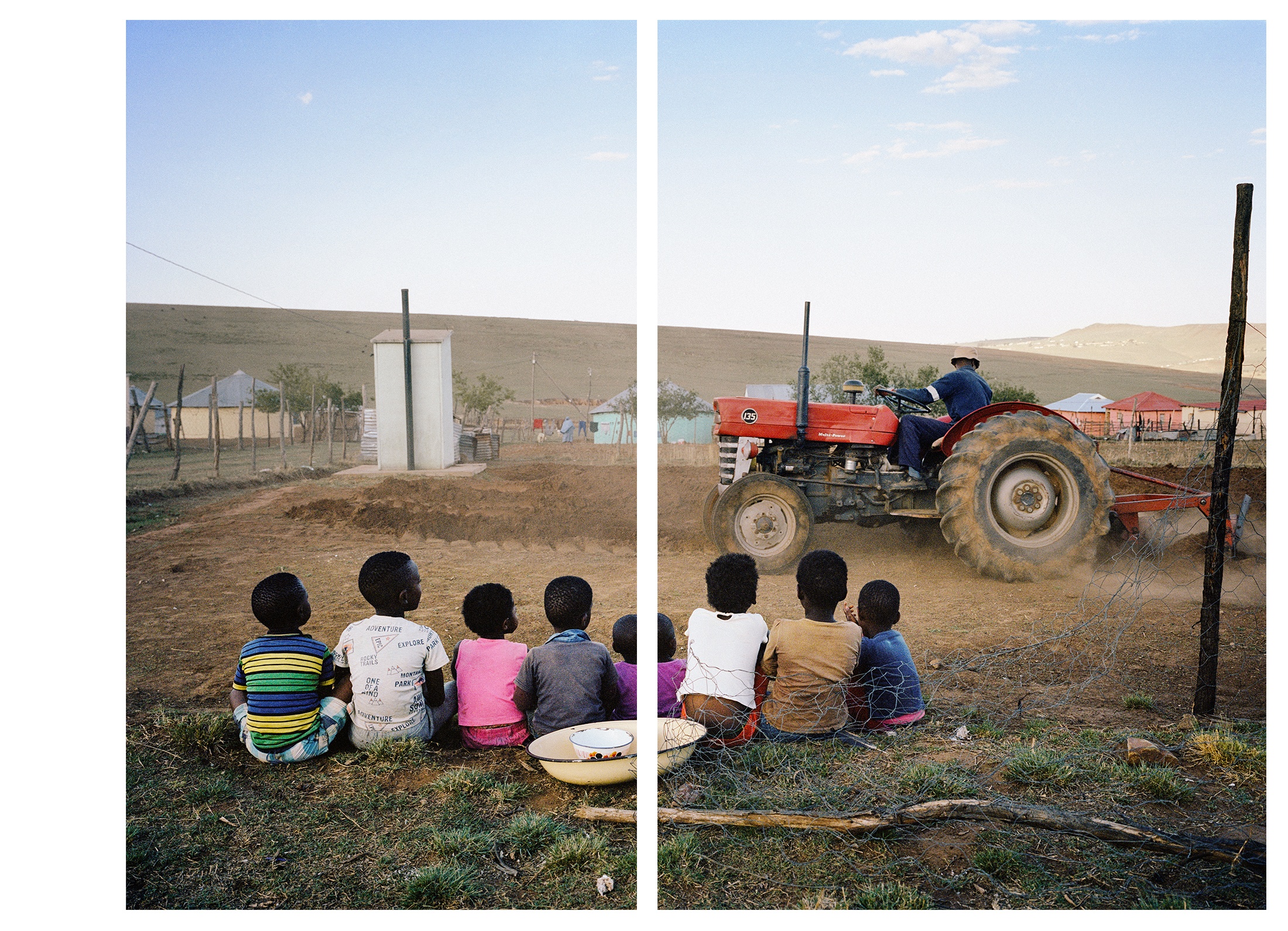 Lindokuhle Sobekwa's photograph 'Kwa MamThembu' shows a group of children sitting in a row at the front, looking at an individual operating a tractor and plow at the back.
