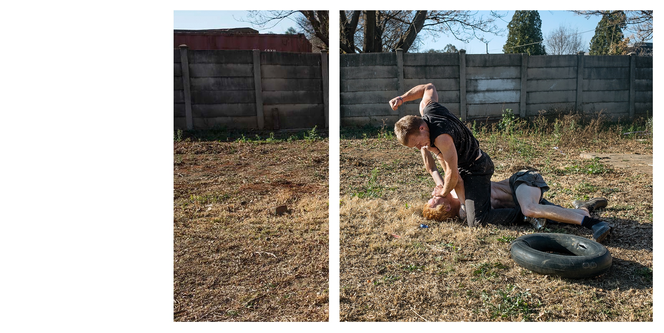 Lindokuhle Sobekwa's photograph 'Brothers fighting' shows two children fighting on a stretch of grass, with a concrete fence at the back.
