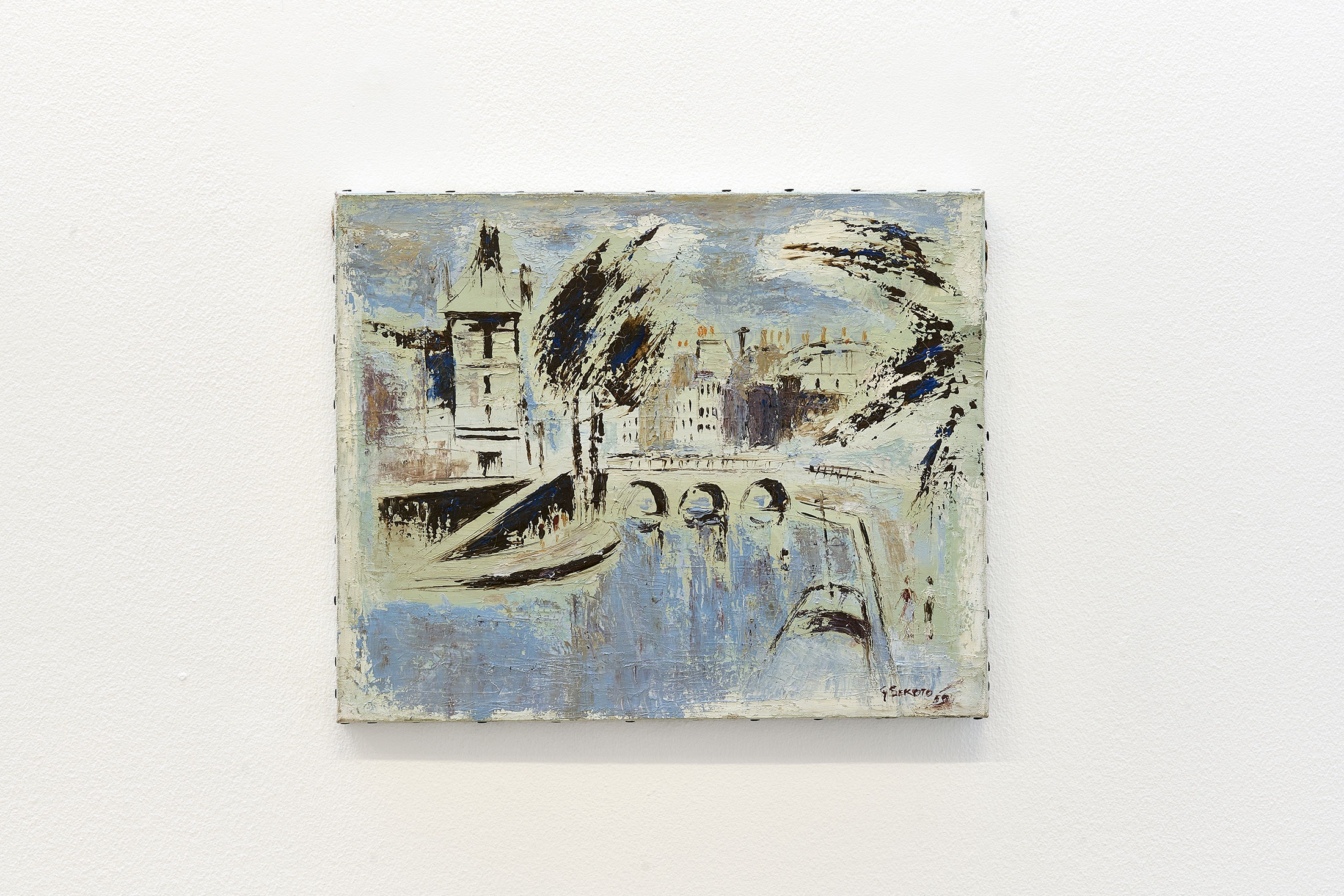 Installation photograph from the 'A Little After This' exhibition in A4 Arts Foundation's gallery that shows Gerard Sekoto's oil on canvas painting 'Le Pont St. Michel' mounted on a white gallery wall.
