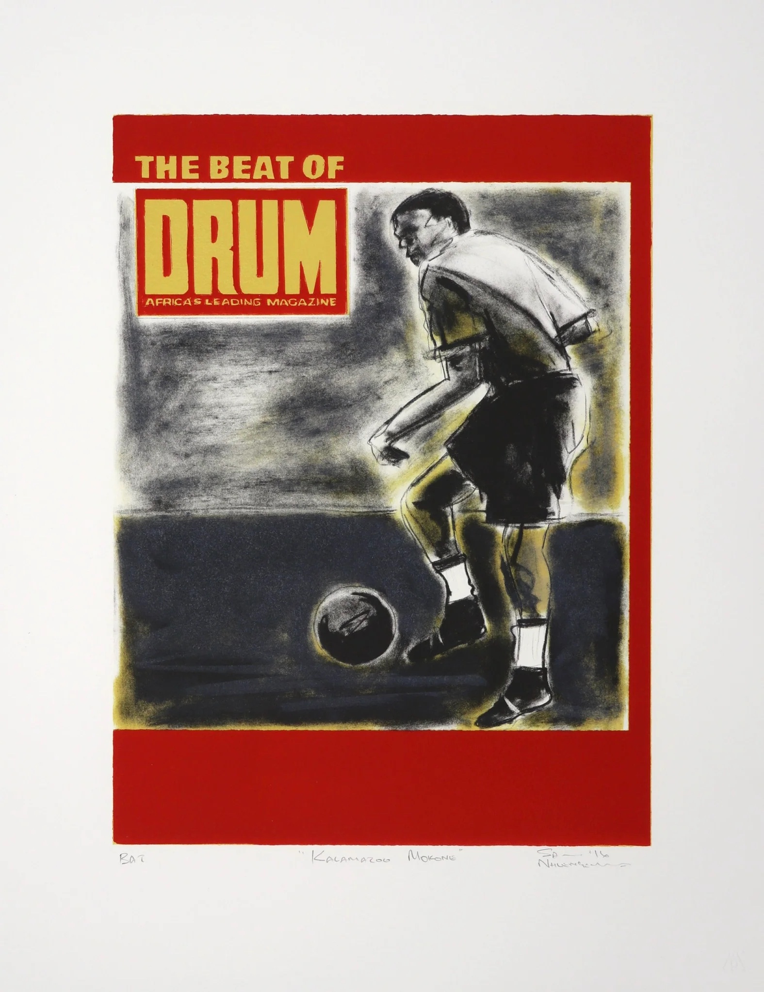 Sam Nhlengethwa's lithograph 'Kalamazoo Mokone' shows a soccer player on the cover of Drum magazine.
