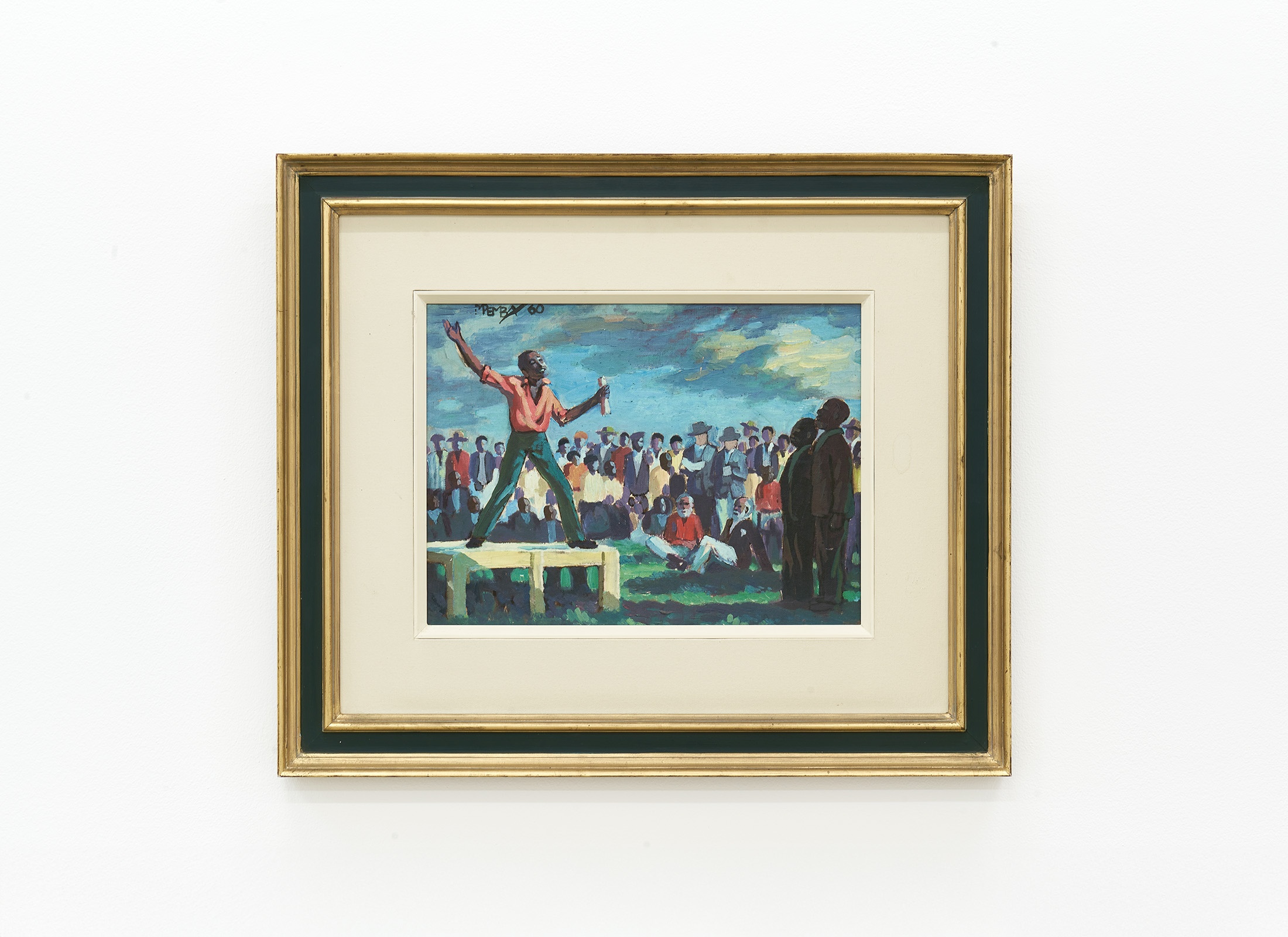 George Pemba’s oil painting, titled ‘The Agitator,’ that depicts a political rally with a man standing on podium speaking to a crowd.
